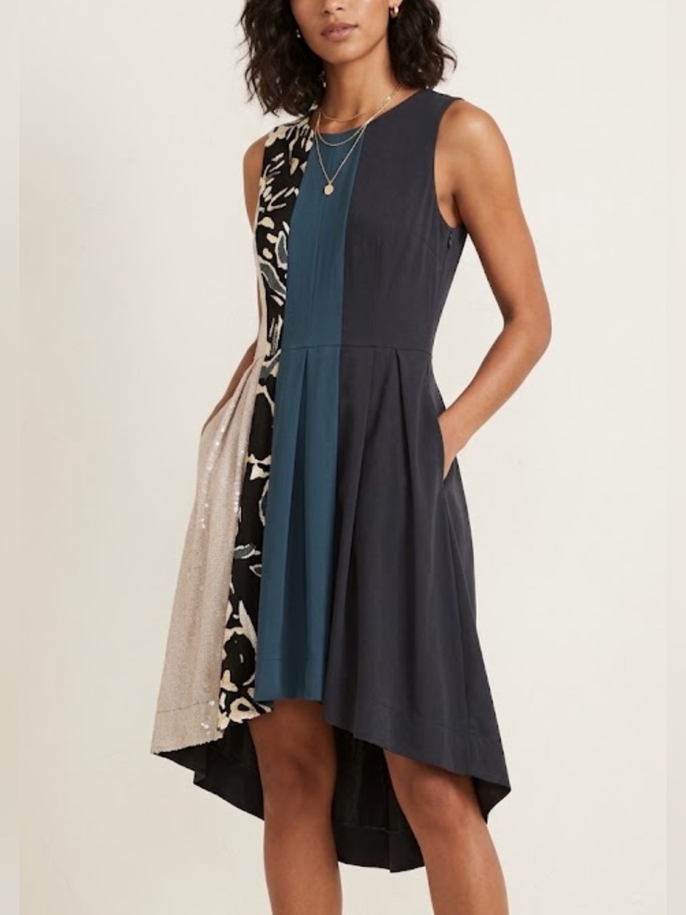🐠Rachel Roy pleated dress mixed media sequins side zip pockets floral size 0